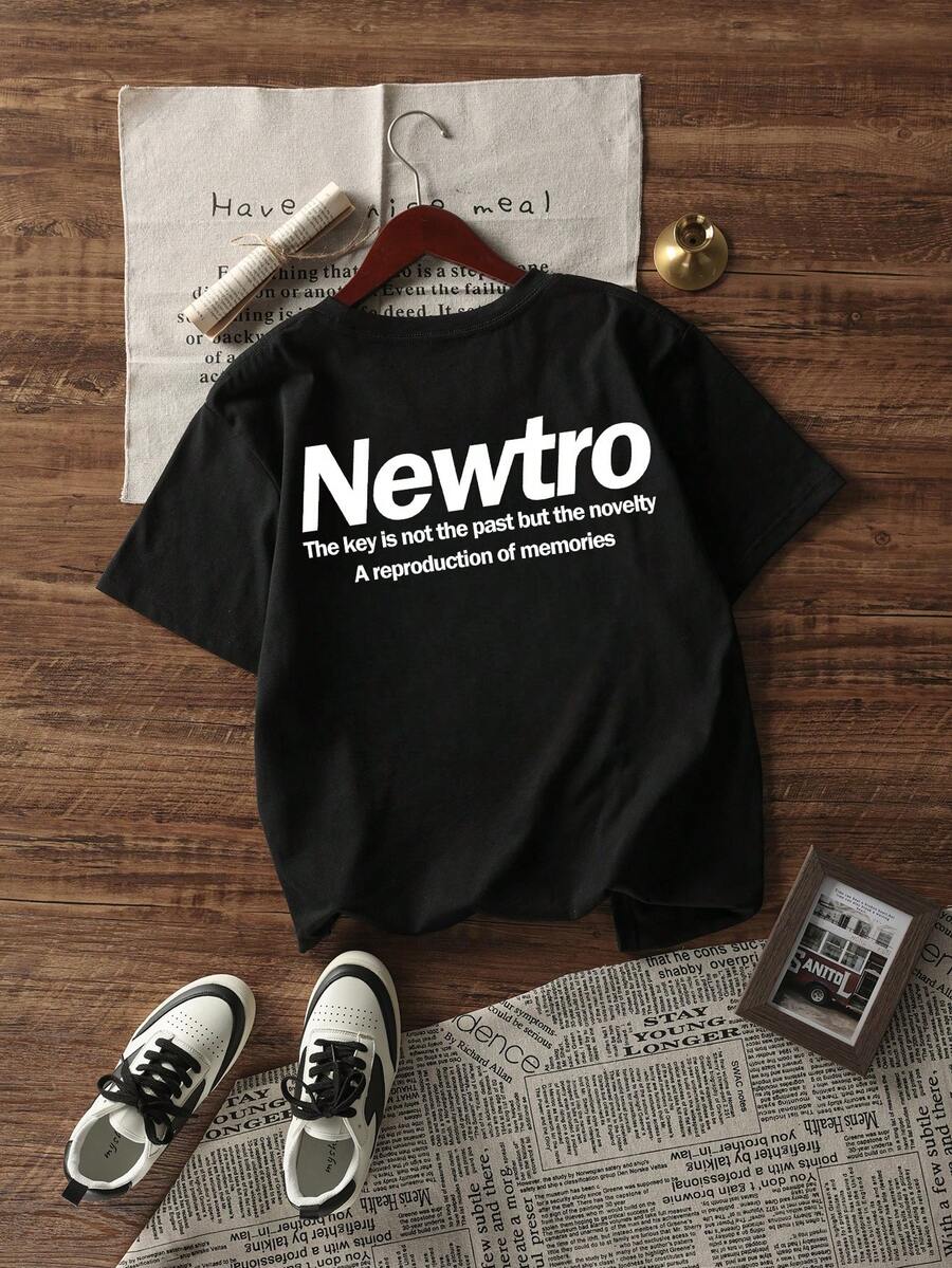 Summer New Korean Chic High-End Niche T-Shirt, Loose Casual Simple English Print Short Sleeve T-Shirt For Women - Black - View 1