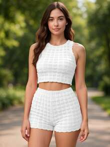 Conjunto Top Sin Mangas Y Short Con Pretina Alta Para Mujer - Blanco - Ver 1