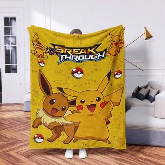 pokemon 1 pieza Manta suave de Eevee y Pikachu de Pokémon, manta de forro polar con impresión digital, edredón de aire acondicionado, manta para siesta en la oficina, manta de vacaciones vintage con dibujos animados - Suave y cálida de poliéster | Perfecta para acampar, sofá o viajar