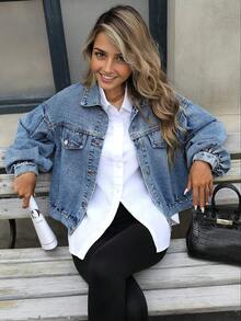 时尚百搭灯笼袖设计 Y2K 美感休闲酷炫牛仔夹克，适合少女，年轻女孩，春夏 - 藍色 - 查看 5