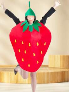 1pc Men's And Women's Strawberry Fruit Sets, Suitable For All Kinds Of Festival Parties And Youth Dance Parties. This Bright Red And Green Polyester Blend Fabric Is An Ideal Choice For Fun Food Role-Playing, Themed Parties And Strawberry-Themed Holiday Outfits