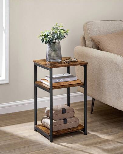 Mesa de Sofá, Mesa Auxiliar de 3 Niveles, Mesita de Noche con Marco de Acero, para Salón, Dormitorio, Estudio, Marrón Rústico y Negro Tinta