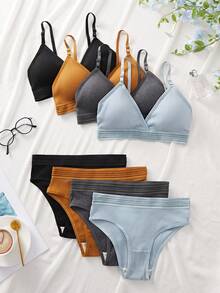 4 Sets Solid Color Ribbed Minimalist Wireless Breathable Sports Bra & Panty Set For Women - 彩色 - 查看 2