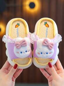 1 Pair Kids Linen Rabbit Slippers, Spring Autumn Girls Home Non-Slip All Season Boys Floor Slippers Winter - Purple - View 3