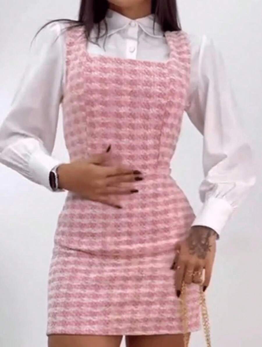 Midi Dress Plaid Houndstooth Color Block Cut And Sew Tweed Knit Zipper Dress Office Evening Holiday Birthday Party Evening Work Formal & Evening Dressy & Casual Airport Wear - 淺粉色 - 查看 1