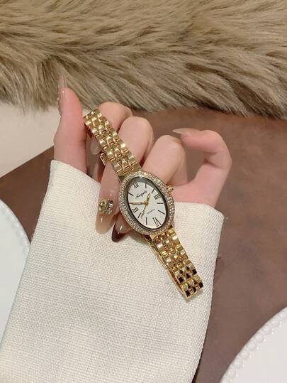 1件女士优雅百搭时尚金色石英腕表，适合日常佩戴