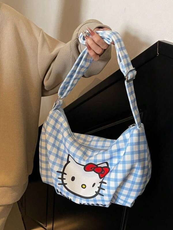 Sanrio Bolso de hombro, mochila casual y bolso cruzado versátil con estampado de cuadros y diseño de Gato KT de Sanrio para el verano