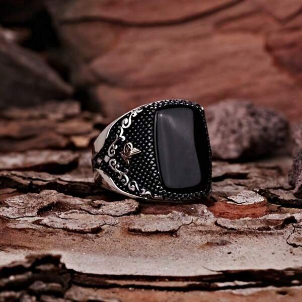 Bague cachet vintage faite main turque pour hommes et femmes, bague en pierre gemme synthétique noire, bijoux religieux vintage.