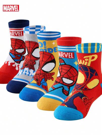 Marvel 5 双儿童袜子，超级英雄蜘蛛侠男童中筒袜，卡通韩版女童袜，秋冬