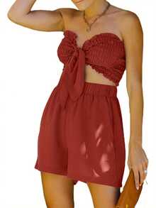 Women's Summer 2-Piece Strapless Short And Wide Leg Shorts Set - Brick Red - View 3