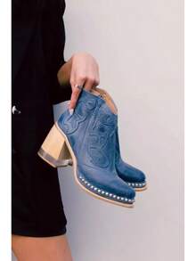 European And American Style Plus Size Chunky Heel  Boots For Women 2025 Autumn Winter New Printed Rivet  Side Zipper Fashion Boots - Navy - View 2