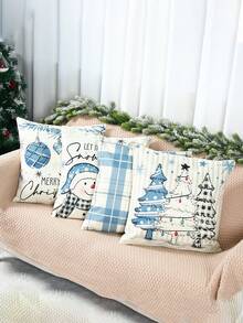 4 pièces Taie d'oreiller en lin de Noël, Housse de coussin Joyeux Noël avec sapin de Noël, bonhomme de neige, boule de Noël et motif à carreaux, Housse de coussin 45*45cm (Hors rembourrage), Décorations de Noël, Décoration de fête de Noël