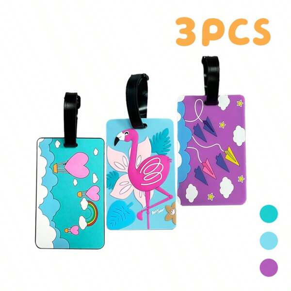 3 pièces Étiquettes de bagage PVC de dessin animé, plaques d'identification de valise de voyage avec motifs flamant rose et avion en papier