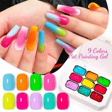 MEET ACROSS 9 Colors Nail Polish Set With 3 Painting Brushes, 8 Sponge Blocks, Neon Gradient Dip Powder, Suitable For Tie Dye Nails, Nail Art Design And Nail Salons - 彩色 - 查看 2