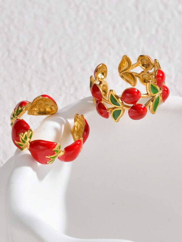 1 قطعة مجوهرات أصبع فاخرة بتصميم فاكهة حلوة باللون الأحمر، جودة عالية، خاتم نسائي يومي بتصميم فراولة أو كرز من الفولاذ المقاوم للصدأ بطلاء ذهبي عيار 18 كاراط، هدية مناسبة للأخت والصديقات والبنات