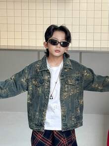 Giacca di jeans con vestibilità ampia per ragazzi, adatta per uso casual, scolastico e all'aperto, autunnale