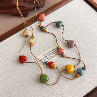 1pc Rainbow Candy Ceramic Heart Layered Necklace, Dopamine Inspired Everyday Versatile Accessory For Women