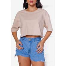 Women's Basic Cropped T-Shirt In Plain Cotton Knit - Beis - Ver 3