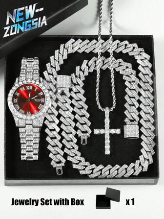 5 Pcs Hip Hop Gift Watch+Cross Pendant Necklace+Bracelet Creative Iced Out Miami Link Chain Jewelry Set For Men And Women