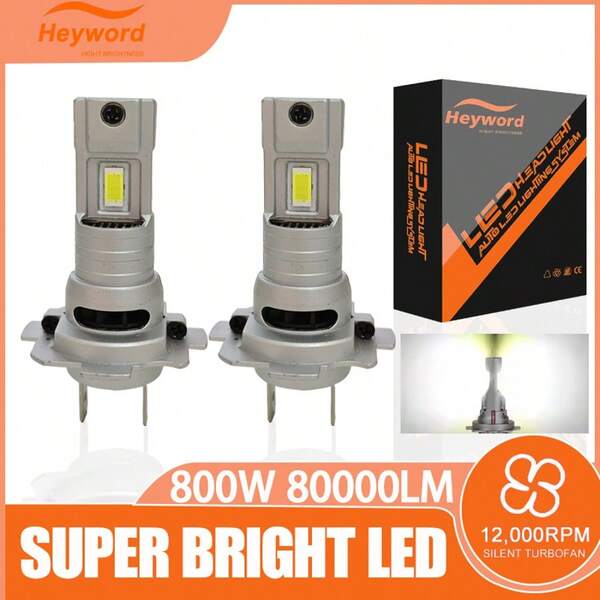 Heyword 2pcs/Box H7 LED Bulb 20000 Lumens, Integrated Mini H7 9005 9006 /H9/H11 H3 H1 LED Bulb With Fan, 400% Super Bright 6500K Cool White, No Adapter Needed, Plug And Play