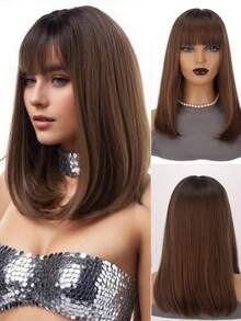 16 英寸渐变棕色齐肩直发合成耐热纤维假发，棕色波波头假发，带刘海，适合女性日常聚会和圣诞装扮 - 漸層棕色 - 查看 2