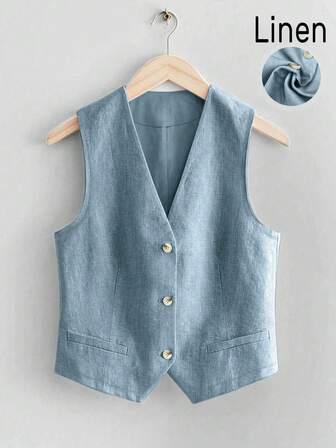 女士休闲亚麻短款西装背心，适合春夏季度假