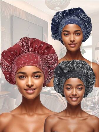 1pc Pattern Design Satin Bonnet ,Women Bonnet Silk For Sleeping, Wide Edge Is Elastic, Breathable And Does Not Fade, Ladies' Bonnet Suitable For Curly Or Straight Hair.