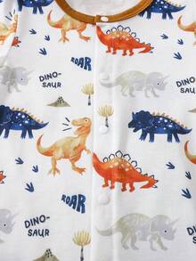 男婴条纹恐龙印花长袖连体衣三件套，时尚可爱，适合日常休闲穿着，春秋冬三季皆宜。