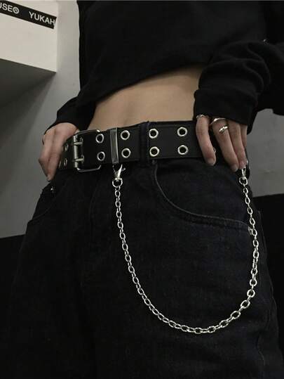 方形扣朋克银色双孔链条装饰腰带 - Y2K 时尚经典百搭秋冬必备配饰，适合青少年、青年、男士，休闲、户外、运动、度假、毕业礼物、生日礼物、日常佩戴