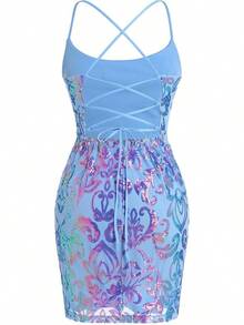 Teen Homecoming Dress Sequins Bodycon Mini Spaghetti Strap Floral Glitter - Sky Blue - View 5