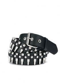 1pc Unisex Bullet Shaped Punk Rock Y2K Style Buckle PU Leather Belt Summer, School - Silver - View 7