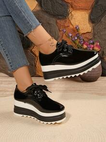 2025 Women's New Dual-Color Sole Platform Shoes, Round Toe Lace-Up Casual Sneakers, College Style, Suitable For All Seasons, Black Thick Bottom Wedge Shoes, Height Increasing Autumn Footwear - Black - View 2