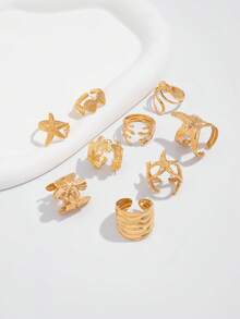 9pcs Bohemian Ocean Style Metal Starfish, Shell, Coral Rings, Elegant Gold Flower Rings, Personalized Multi-Element Geometric Hollow Rings Set, Adjustable Open Rings, Suitable For Women's Daily Dates, Beach Vacations, Party Decorations, Holiday Gifts - 9-piece Ring Set - View 7