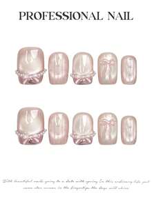 10片甜美短棺材形/中长椭圆形腮红猫眼手工按压式美甲贴片，3D粉色蝴蝶结假指甲，仿珍珠法式美甲贴片，可爱夏季美甲套装，含果冻胶和指甲锉，适用于婚礼、情人节、返校季及日常美甲。 - 粉色 - 查看 4