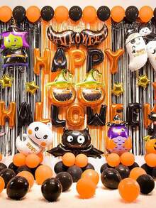 1pc Black & Orange Splice Beaded Curtain, Halloween Backdrop Decor Party Tassel Splice Color Beaded Door Curtain Wall Background