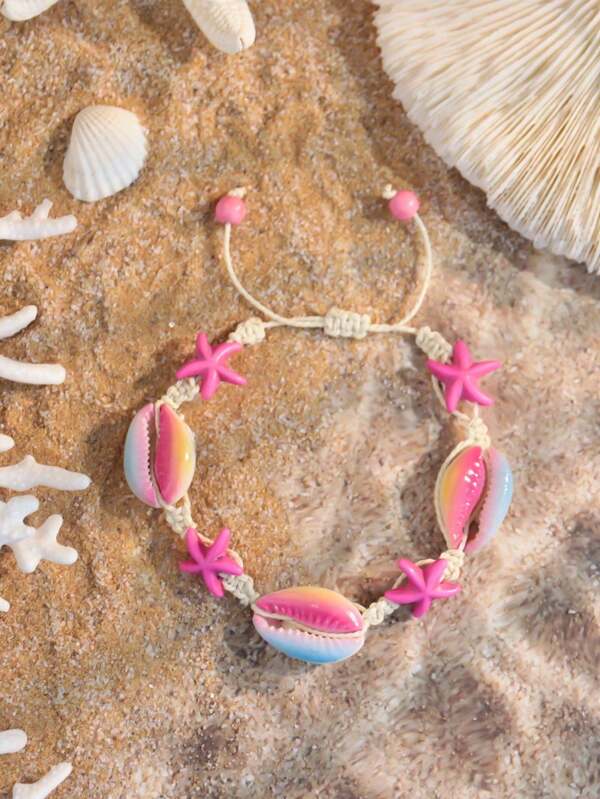 1pc Women's Macaron Color Shell Bracelet, Bohemian Style Handmade Woven Bracelet, Fashion Elegant Bangle Casual Couple Bracelet, Beach Anklet, Adjustable Wristband Suitable For Daily Wear