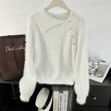 Oblique Button Faux Mink Fur Collar Women's Pullover Sweater, Autumn/Winter Sweater, Back To School Season, Christmas