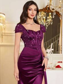 MIUSOL Sequin Floral Lace Draped Side Asymmetrical Hem Satin Formal Party Maxi Dress, For Wedding Guest, Graduation, Dinner