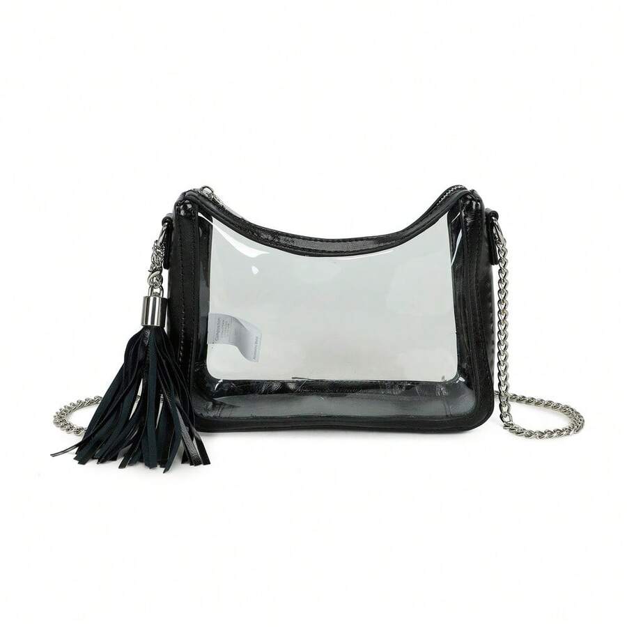 Transparent Bag With Matching Tassel Chain Shoulder Strap - Black - View 1