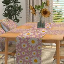 1 Stück 33x180cm rechteckiger Tischläufer mit rosa Hintergrund und großen Gänseblümchen, saisonale Feiertags-Dekoration romantischer Esstisch, Polyesterfaser, geeignet für Küche, Esszimmer, Tischversammlungen zuhause, innen & außen