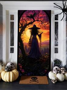 1 pezzo Decorazione per porta di Ognissanti a forma di strega - Elegante sagoma di strega in stile vetro colorato, realizzata in poliestere adatta per interno/esterno, adatta per feste di Ognissanti e decorazioni inquietanti per la casa