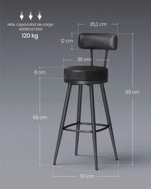 Colección - Juego de 2 Taburetes de Bar, Sillas Giratorias de Barra con Respaldo, con Costuras, Moderno Siglo Medio, Altura 76 cm, Barra Cocina, Negro Tinta - Negro - Ver 8