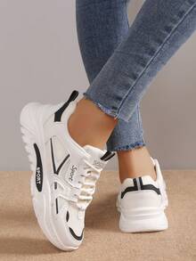 Nuevos zapatos deportivos casuales con cordones, tenis gruesos de suela blanda, zapatos para correr ligeros y antideslizantes - Blanco y Negro - Ver 3