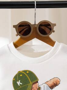 男婴卡通熊与绿帽子印花长袖羊毛圆领上衣+休闲工装裤套装 - 綠色 - 查看 7