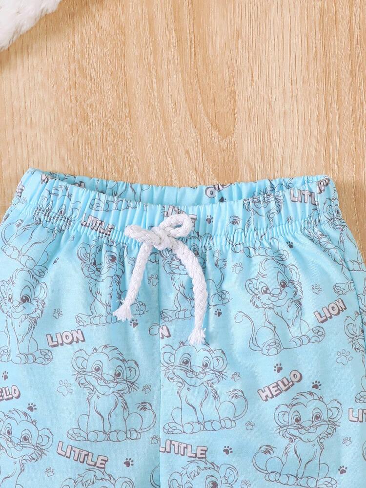 3件套“勇敢狮子宝宝”幼儿长袖上衣、狮子印花裤子和带耳朵的帽子套装 - 藍色 - 查看 8