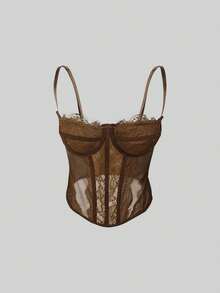 Fashionable Seamless Bra With Thin Straps, Sexy Strapless Tight Lace Crop Top - Coklat - View 8