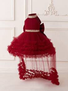 Baby Girls Sequin Mesh Backless Bow Cute 1st Birthday Trailing Dress, Suitable For Party, Flower Girl, Wedding, Does Not Include Headband - Burgundy - View 3