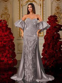 Olive Green 3D Petal Beaded Strapless Satin Mermaid Style Luxurious Palace Style Evening Gown For Wedding Party - Purple - View 5