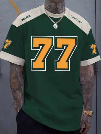 Men's Summer Fashion Streetwear T-Shirt, Casual Round Neck Short Sleeve Top With 3D Numeric Print - Black With Orange 77