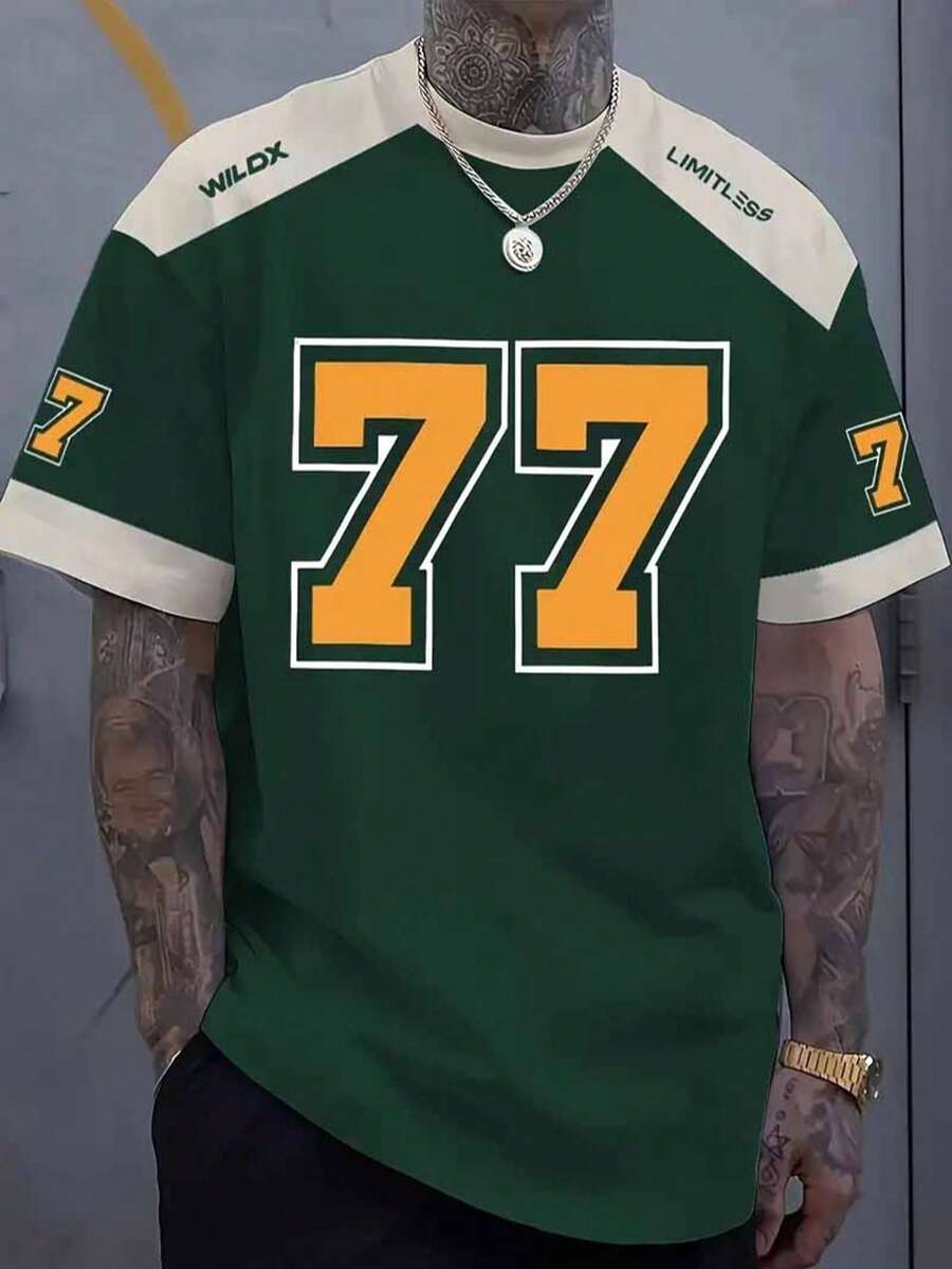 Camiseta de moda urbana de verano para hombres, camiseta casual de cuello redondo y manga corta con estampado numérico 3D - Negro con naranja 77